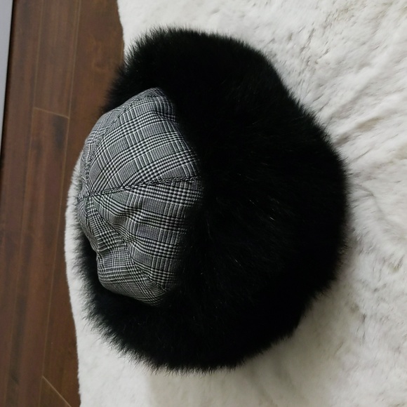 Echos de Paris|  Faux Fur Trimmed Black and White Plaid Winter Cap - Picture 2 of 10